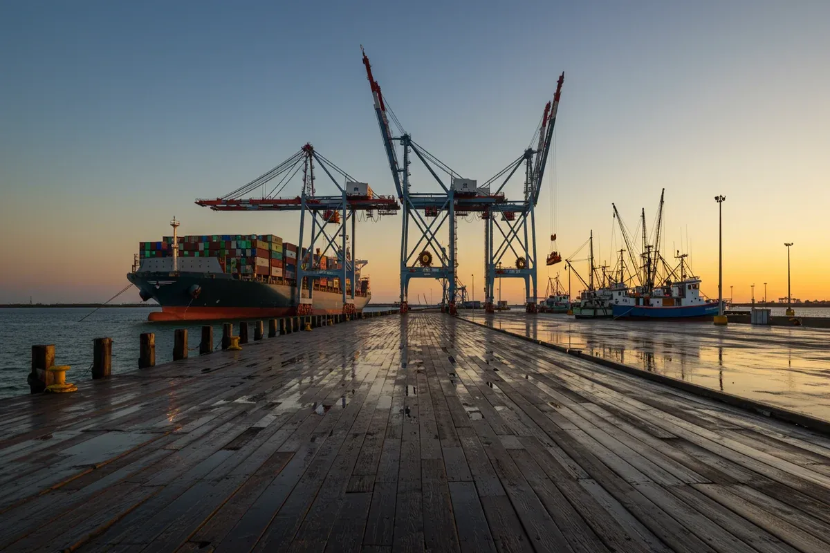 A weathered wooden pier reflects a vibrant sunset illuminating a busy port with towering cranes and ships