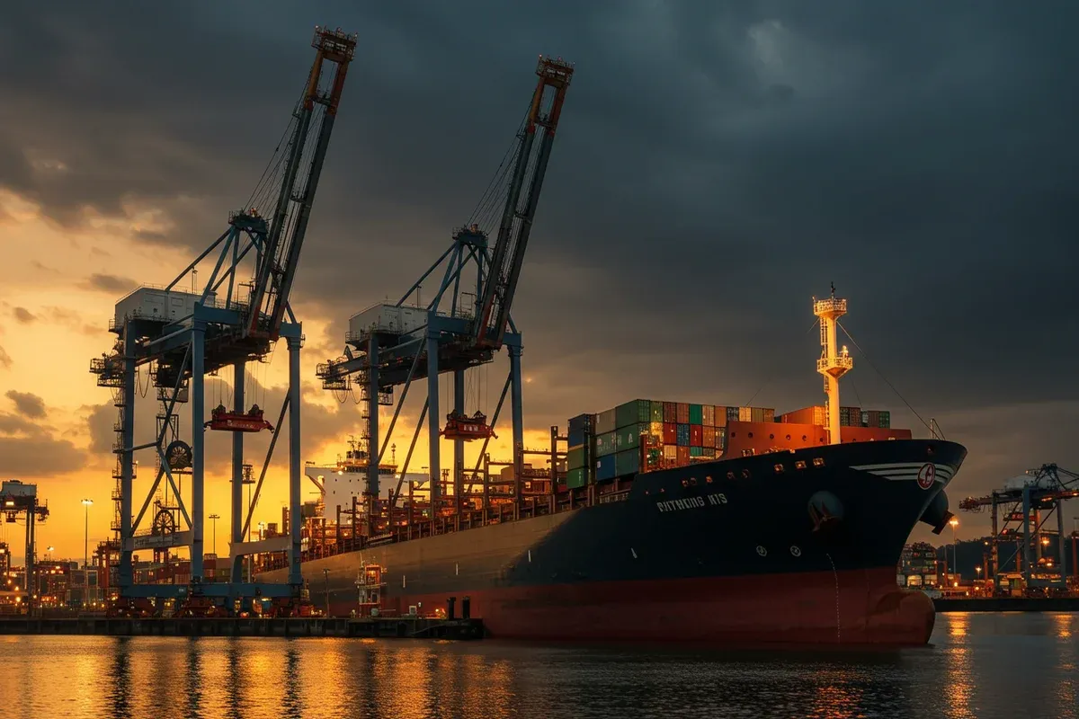 A large container ship dominates the Pittsburgh skyline under a dusky evening sky illuminated by towering cranes
