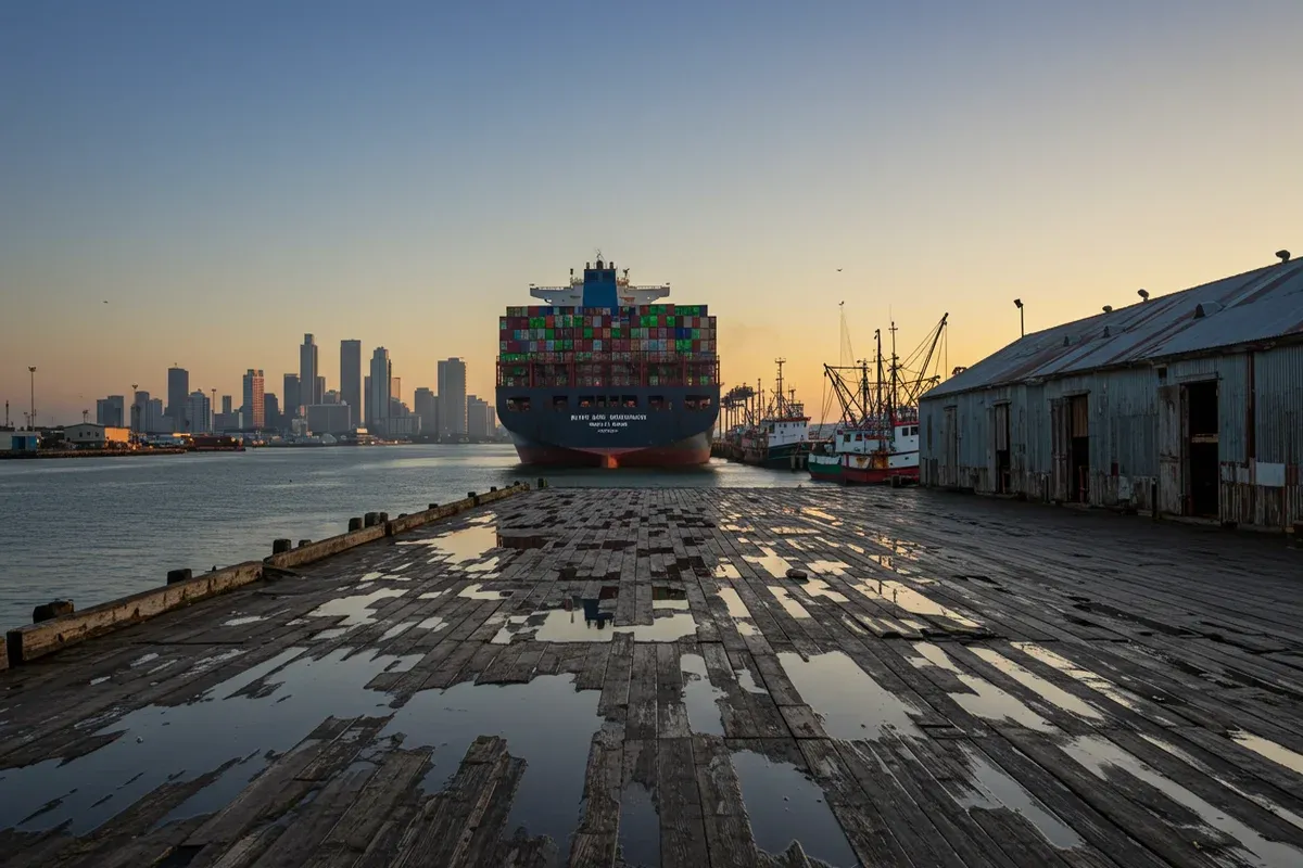 A weathered pier stretches into the hazy sunrise reflecting on wet wooden planks and a large cargo ship at the Port of Port