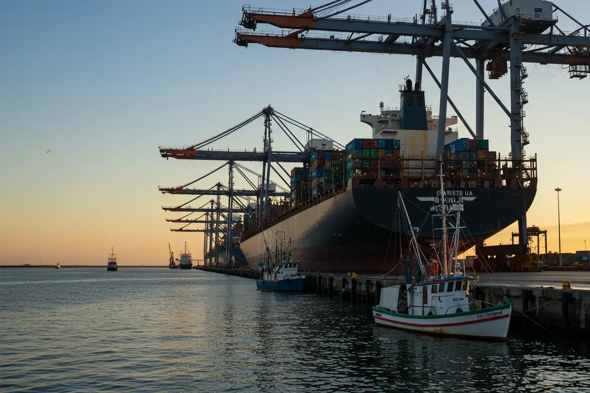 A large freighter Point Comfort approaches a port with several smaller fishing boats and cranes visible