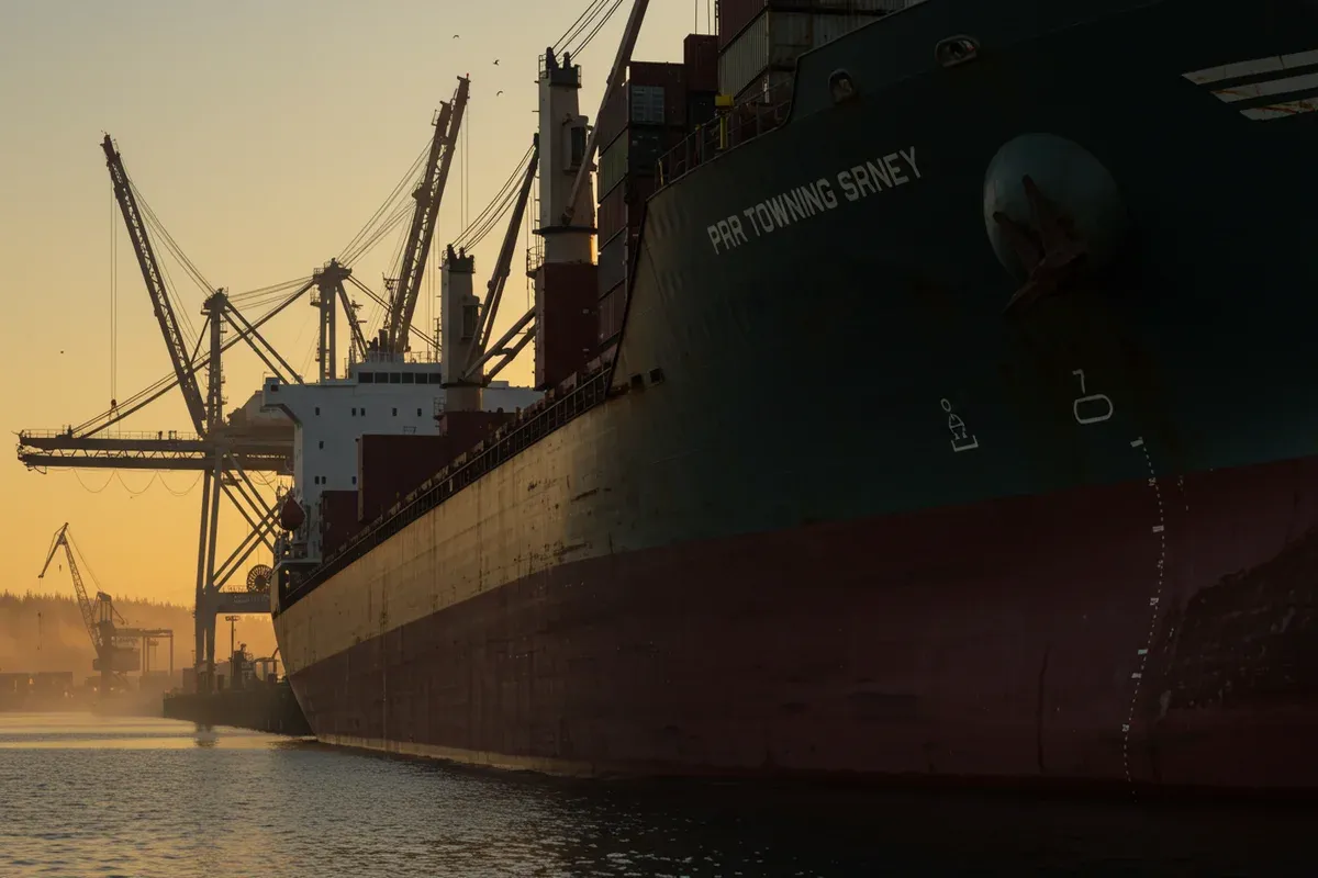 A large cargo ship named Saney rests in the Port of Port Townsend surrounded by towering cranes and the calm water