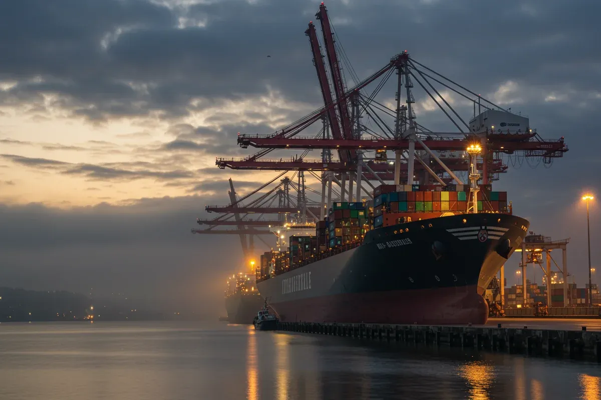 A large cargo ship rests in the harbor reflecting city lights on the calm water alongside towering cranes