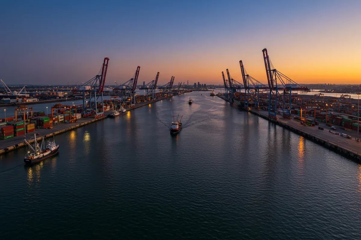 Vessels navigate a channel alongside towering cranes at the Port of San Diego highlighting the harbors industrial activity