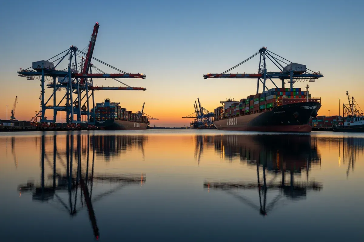 Tall container cranes reflect on the Savannah port waters a vibrant sunset illuminates the maritime scene