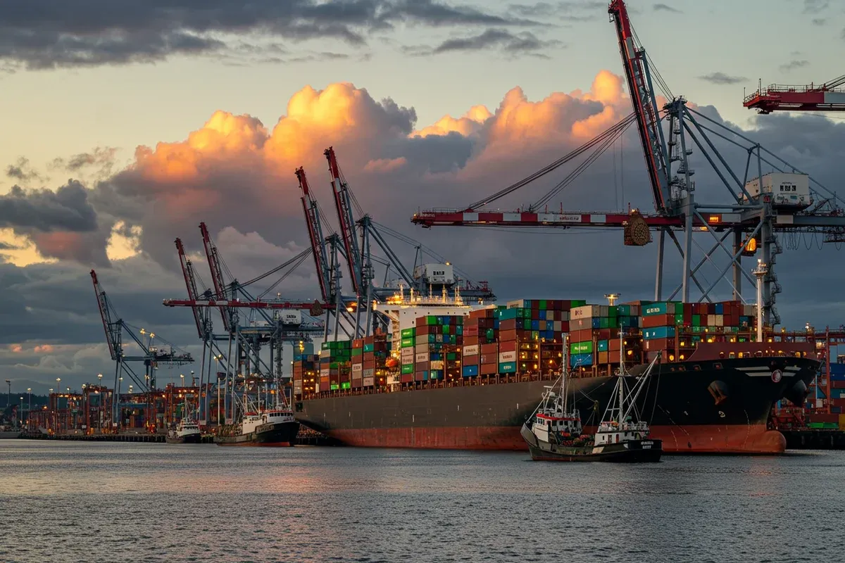 A large container ship approaches a busy port with towering cranes and smaller boats under a cloudy sky