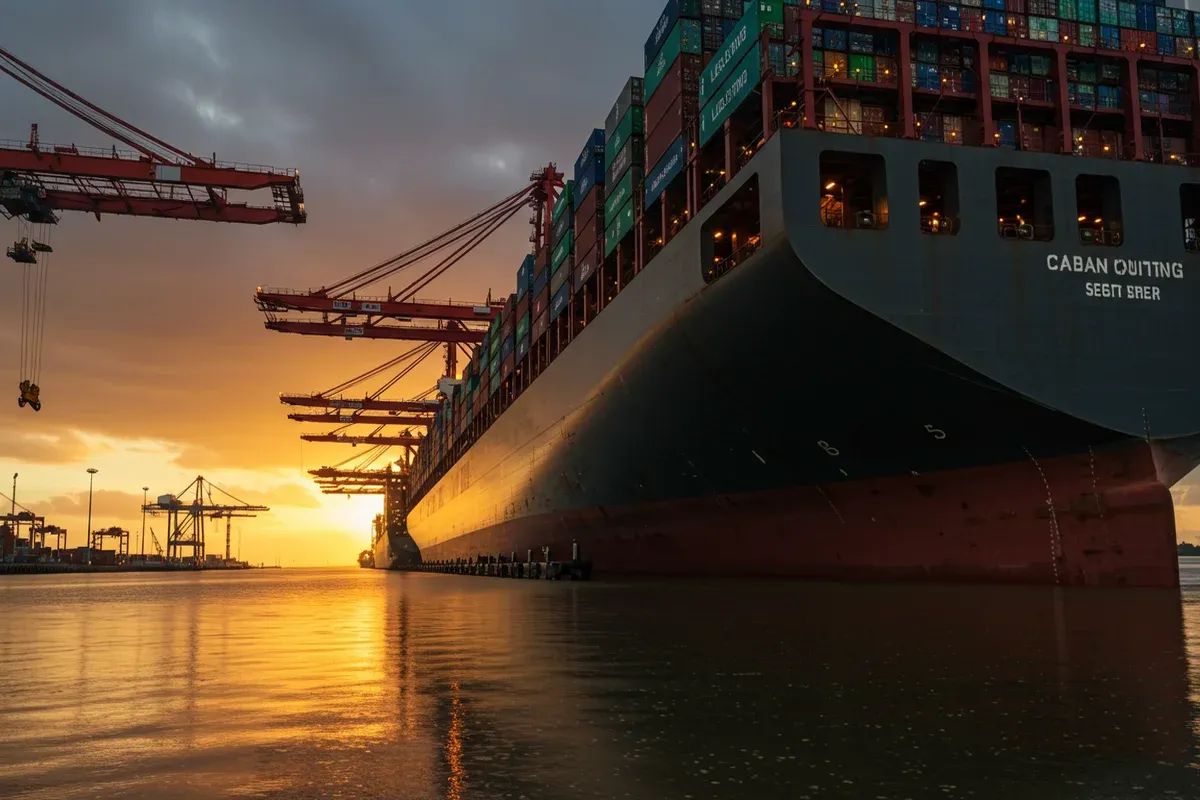 A massive container ship dominates the sunset skyline at the Port of South Louisiana vibrant orange light reflecting off its