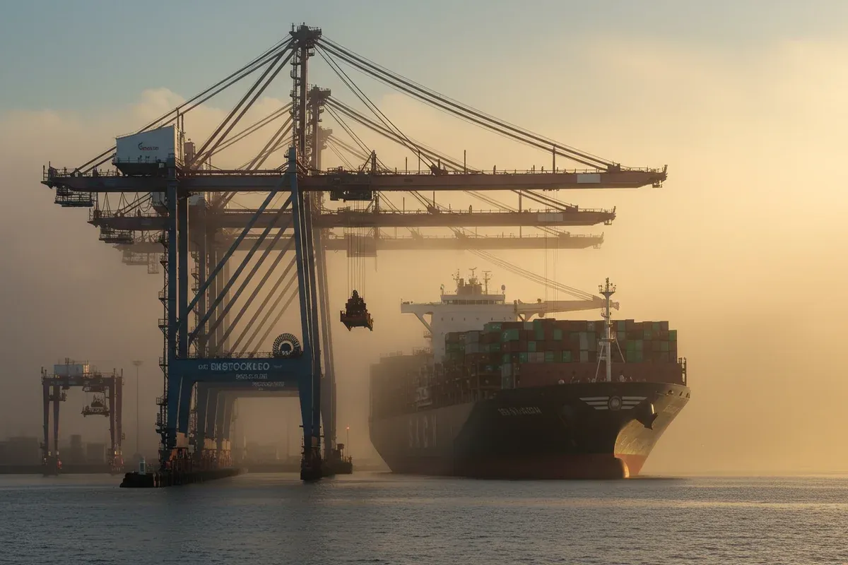 A large cargo ship sits in the harbor with cranes in the background shrouded in mist