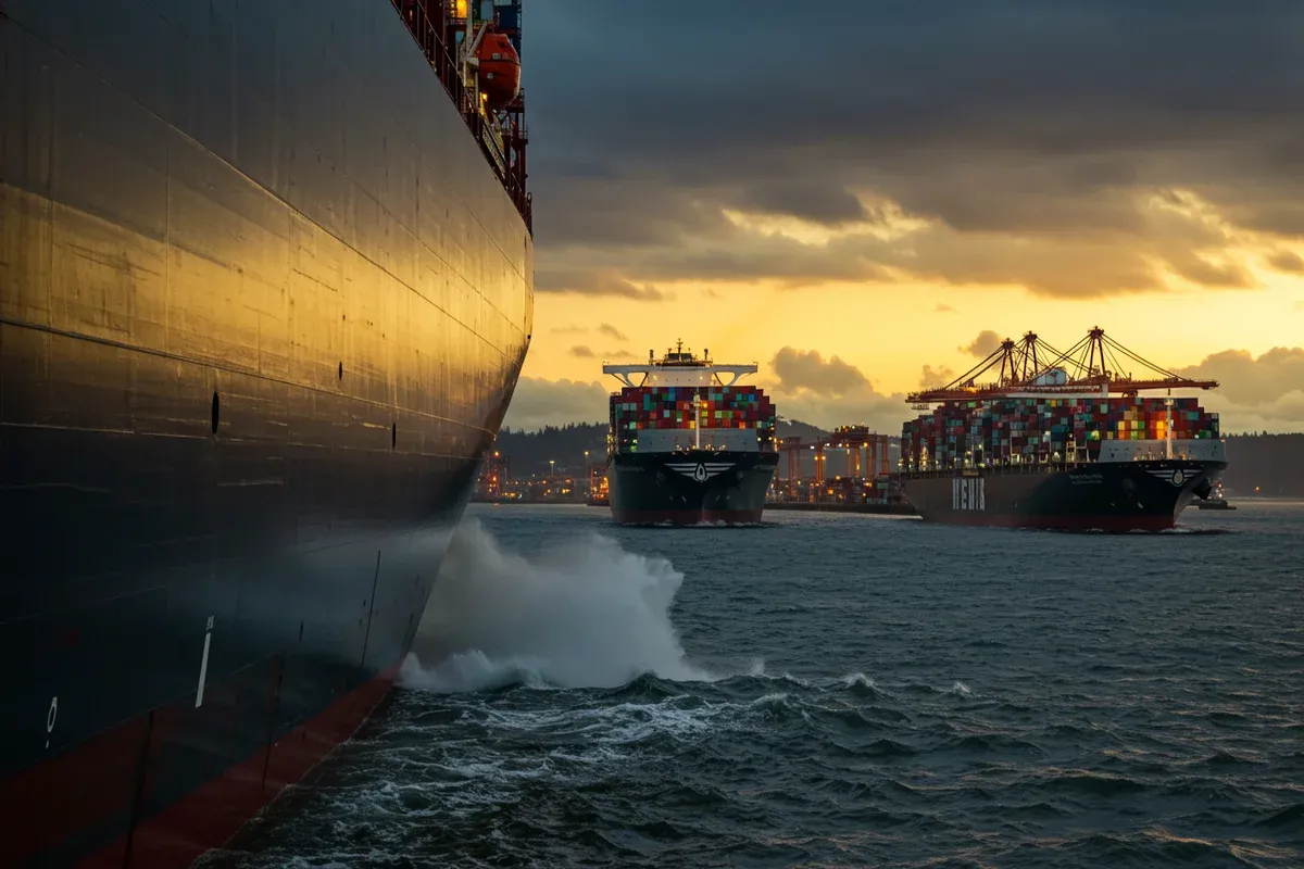 A large container ship surges forward creating a wave as it navigates the Port of Tacoma waters under a dusky sky