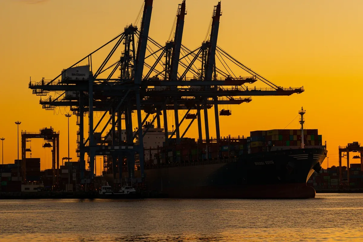 A large container ship docks at the Port of Tampa Bay with towering cranes unloading cargo in the background