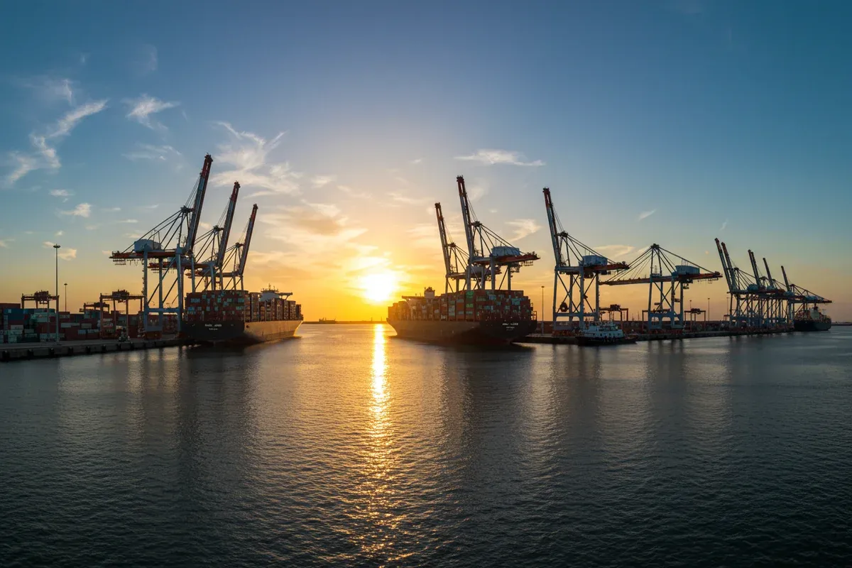 Tower cranes dominate the Port of Texas Citys skyline unloading ships in a calm harbor scene under a bright sunset
