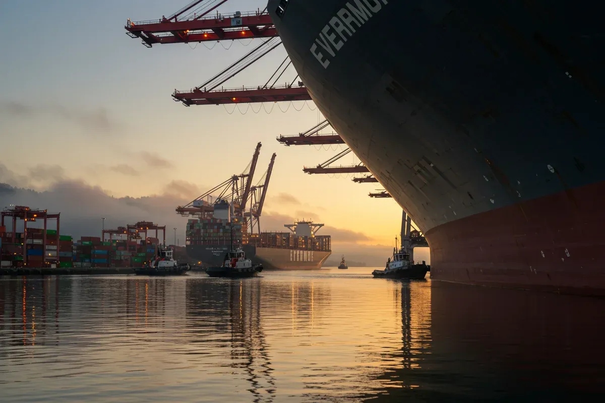 A massive container ship the Ever Given navigates the calm waters of the Port of Vancouver reflecting the setting suns