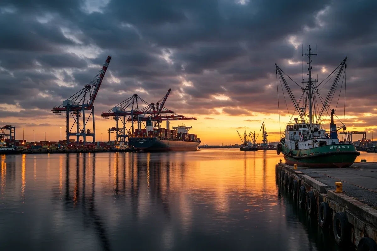 Heres a description of the image Harbor cranes reflect in the calm water of a busy port with ships in the distance creating