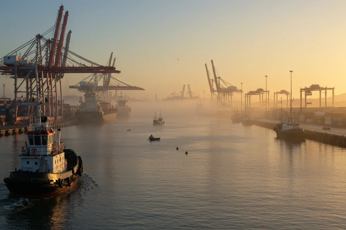 A weathered tugboat navigates a calm waterway reflecting golden sunlight through a busy port with distant cranes