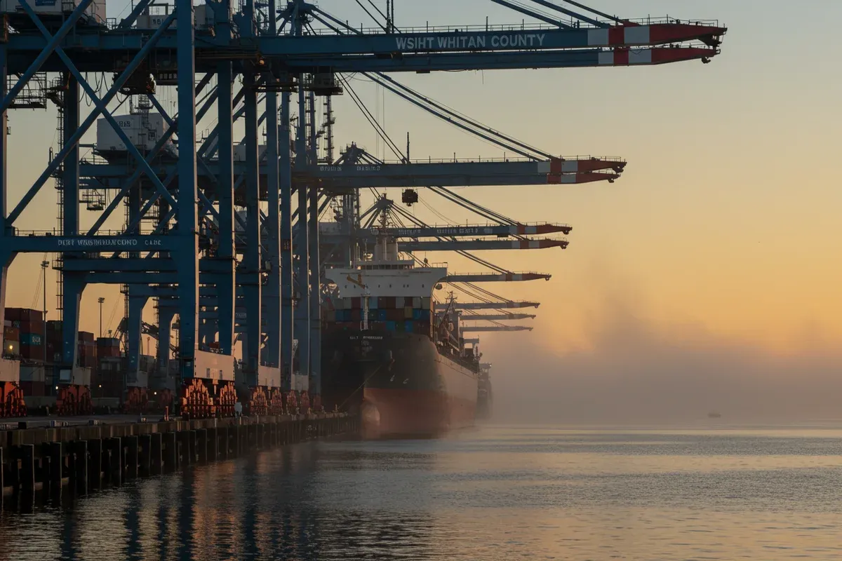 A large cargo ship approaches the Port of Whitman under a hazy sunrise with towering cranes visible in the background