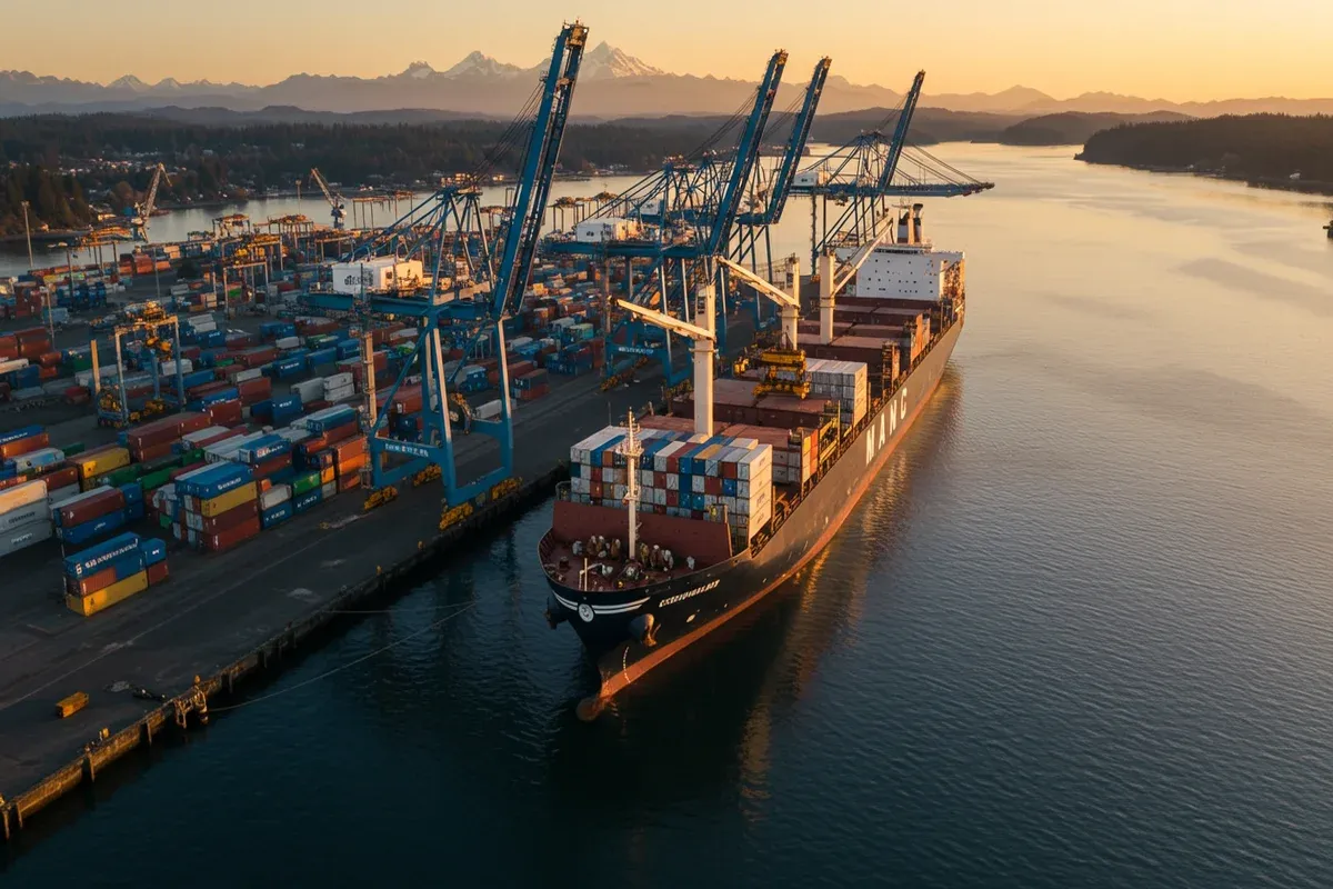 A large cargo ship navigates the Port of Woodland under a crane terminal highlighting the waterway and industrial activity
