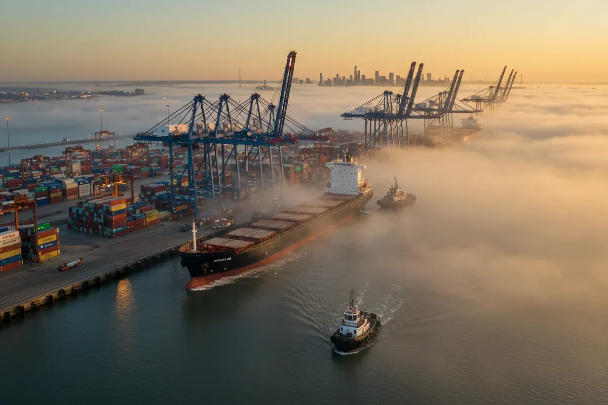 A large cargo ship navigates the harbor alongside a tugboat near towering cranes and a busy port