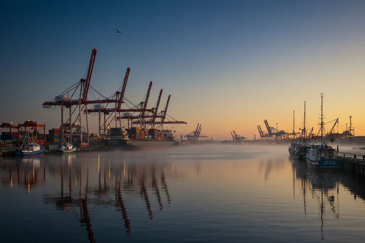 Gray morning light reflects on calm waters near towering port cranes in Quincy Harbor