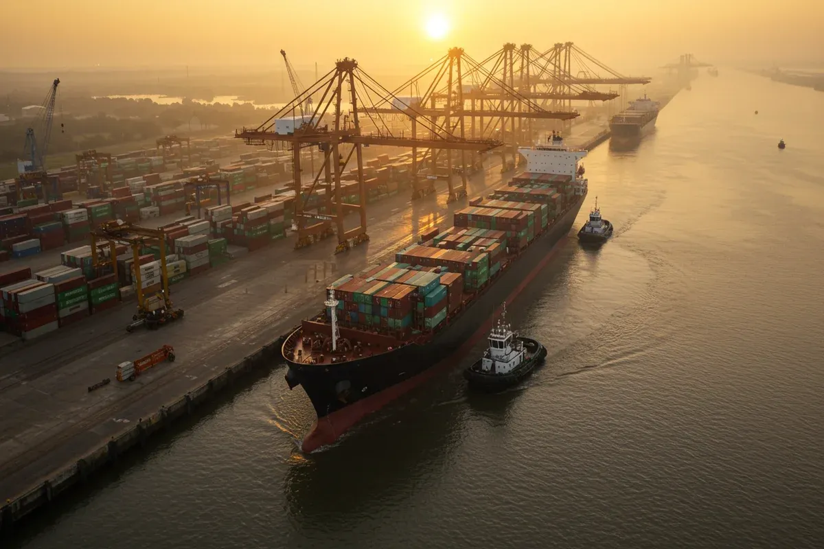 A large cargo ship navigates the waterway alongside a crane terminal in Red River Parish a white tugboat escorts the vessel