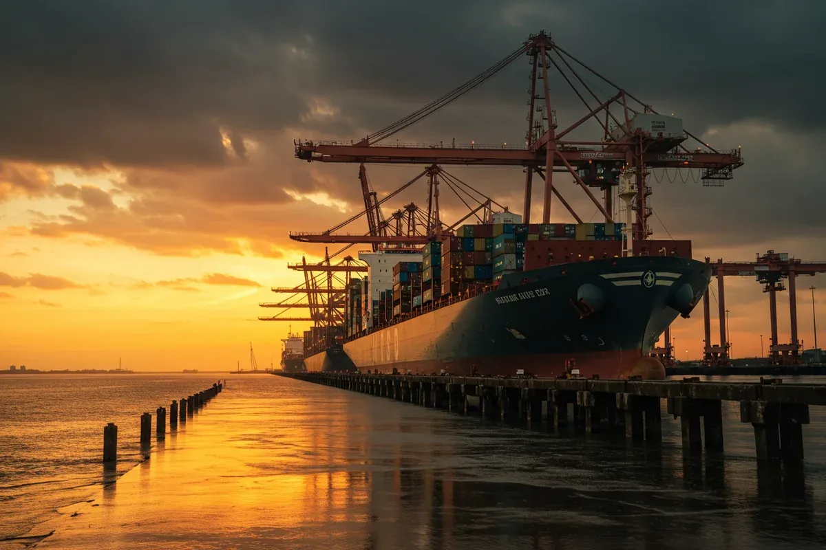 A large cargo ship sits docked at a pier in Bolivar County Port with towering cranes in the background and a sunset glow
