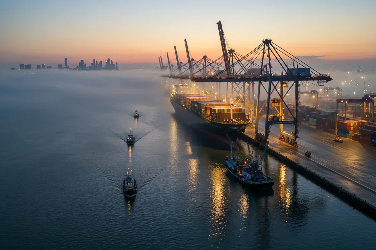 Cargo ships navigate a busy channel alongside a concrete pier at the South Jersey Port Corporation docks reflecting sunlight