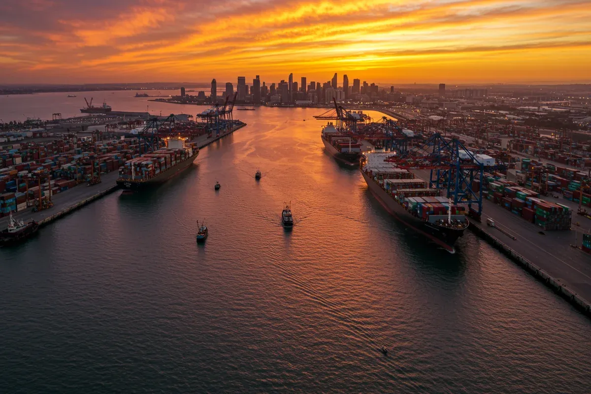 Cargo ships navigate the deep blue waters of San Diego Bay a stunning aerial view of the port district