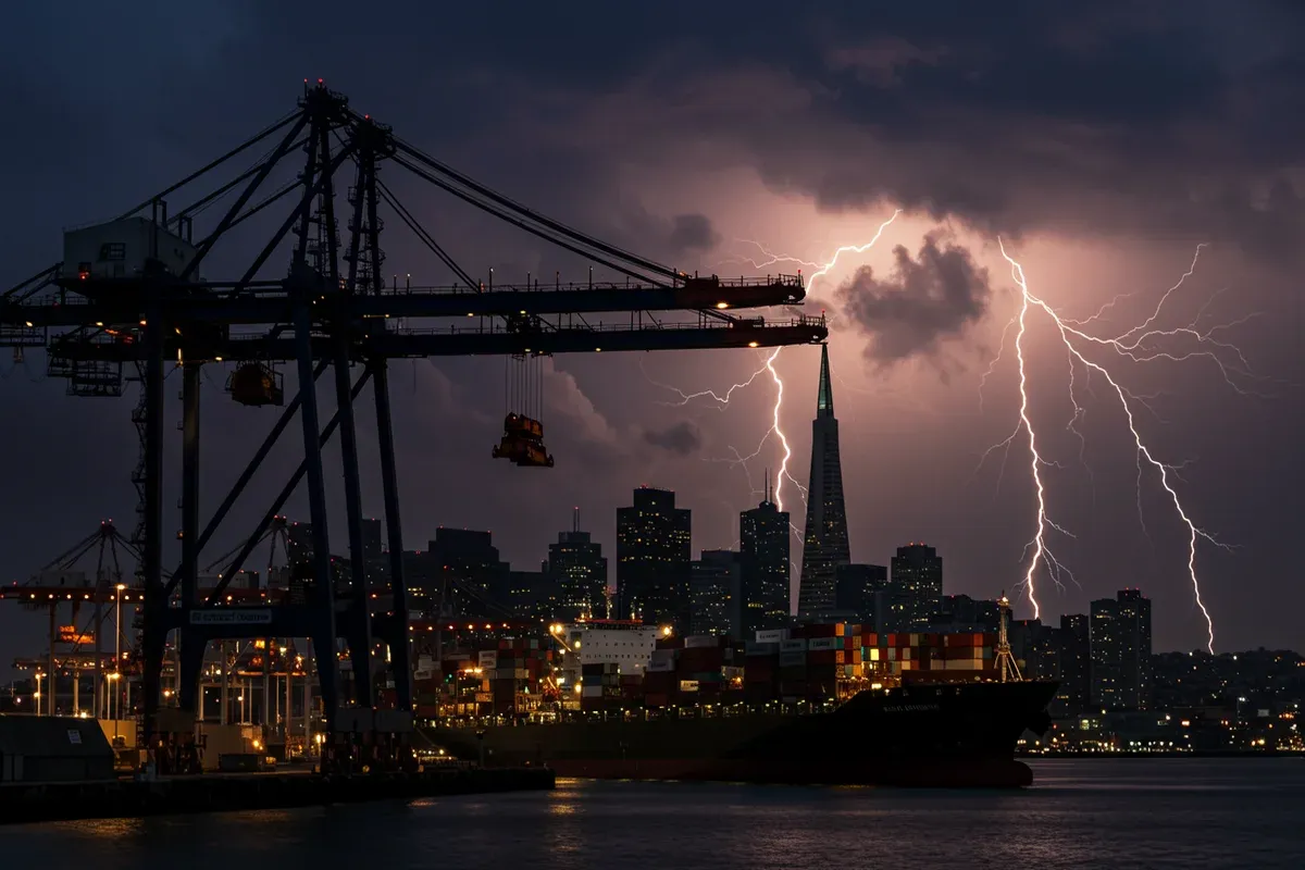 The San Francisco Port Commission features towering cranes against a darkened cityscape and a busy harbor scene