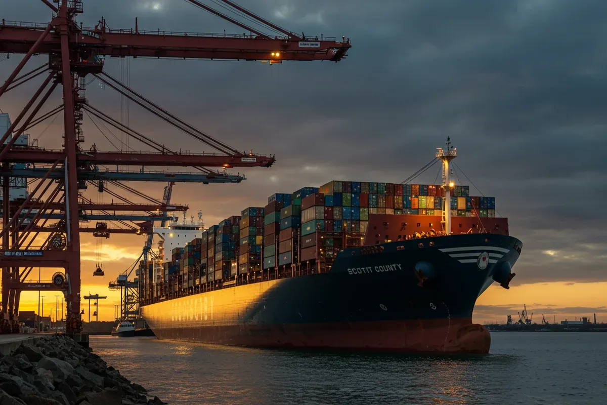 A large vessel the Scott County ship approaches under a towering crane against a dusky sky