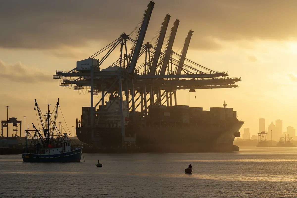 A large container ship dominates the scene in South Carolinas ports a small sailboat drifts nearby under a hazy sky