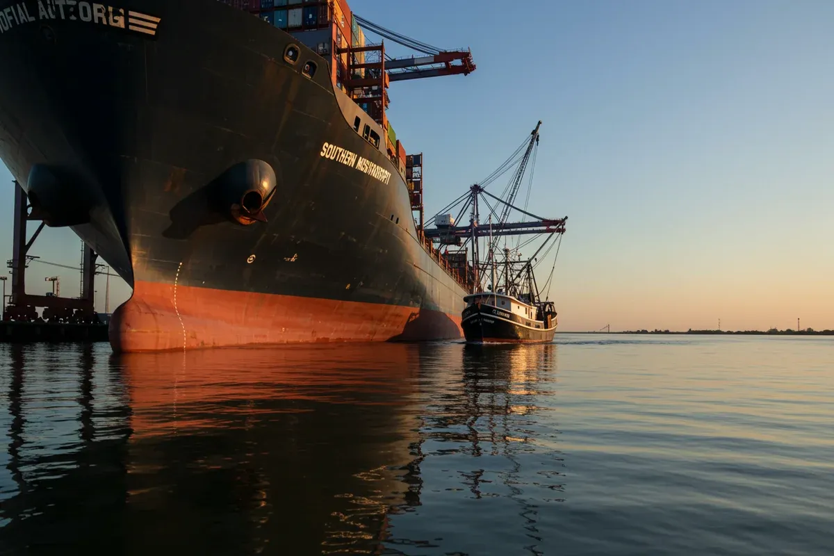 A large freighter the Southern Mississippi dominates the waterfront against a dusky sky near port cranes and industrial