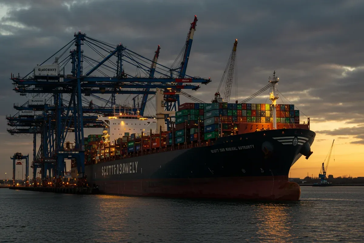 A large cargo ship docks at a regional port with towering cranes unloading goods against a colorful sunset sky