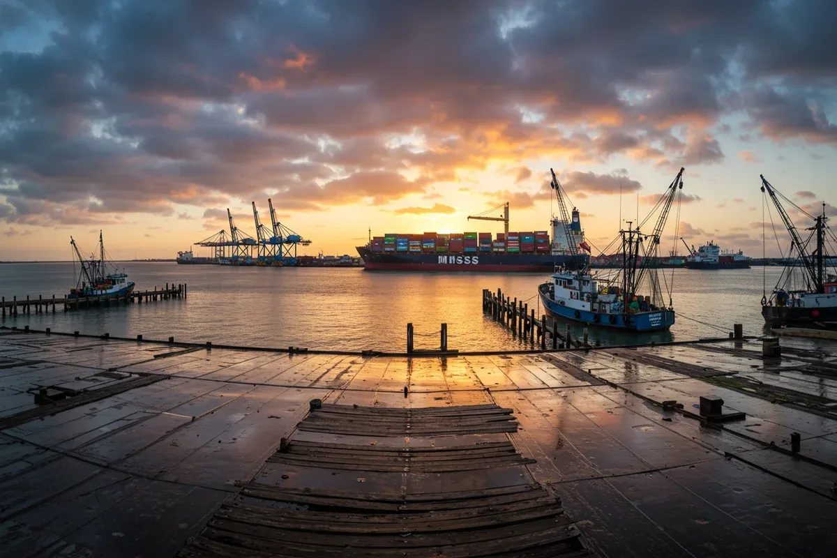 A harbor scene features cranes unloading cargo ships onto a weathered wooden pier reflecting the warm sunset light