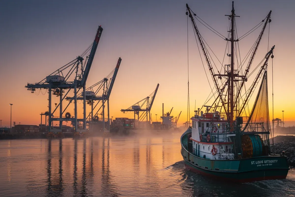 A vibrant blue fishing boat navigates the misty waters of the St Louis Port Authority with towering cranes in the background