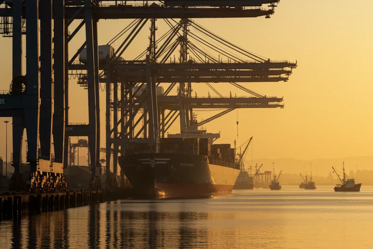 Dark cargo ships anchor in the Stockton Port District with towering cranes reflecting in the calm water