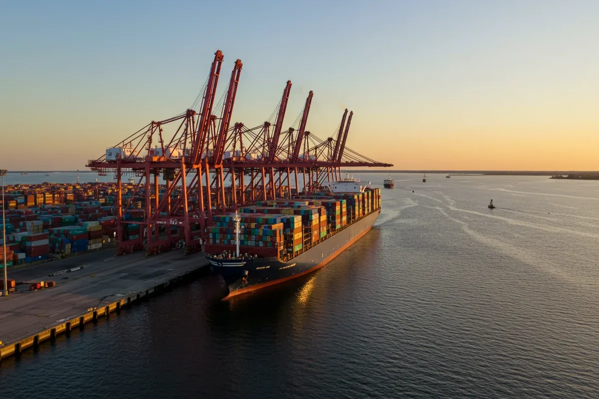 A large container ship approaches a busy port with towering red cranes reflecting the sunset light over Tampa Bay