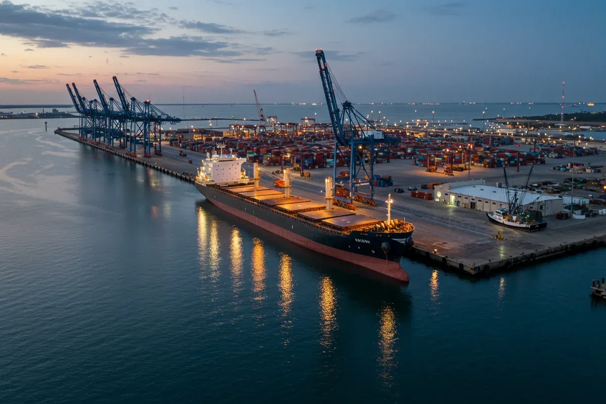 A large cargo ship sits docked at a busy port with towering cranes illuminating the dark waters of Texas