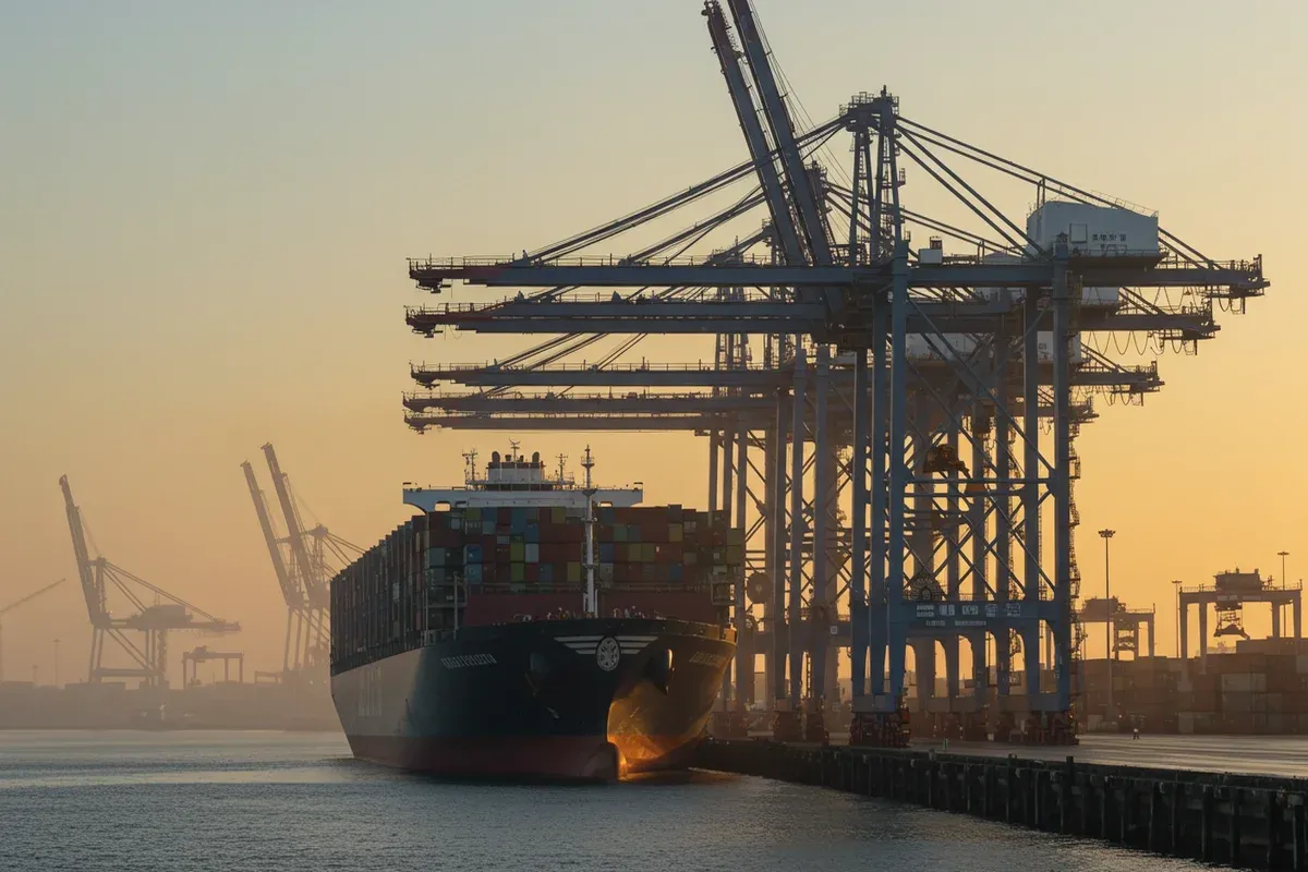 A large container ship sits in the Port of Virginia with towering cranes extending into the misty background