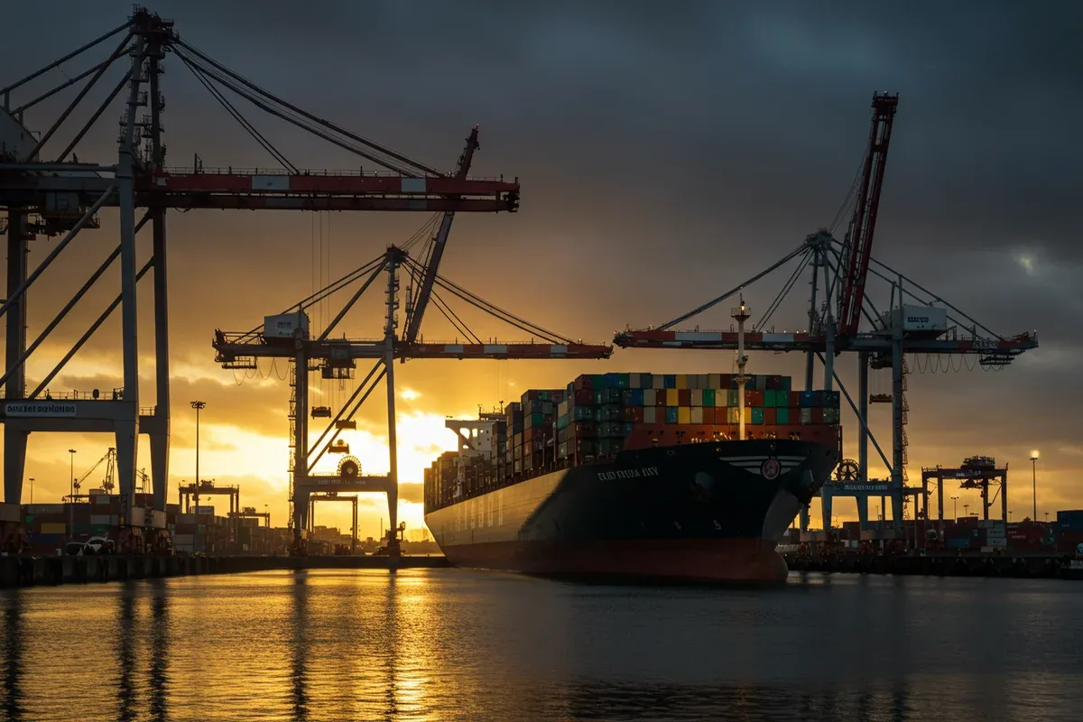 Massive container cranes dominate the skyline of the Port of Toledo extending into a vibrant sunset glow The scene