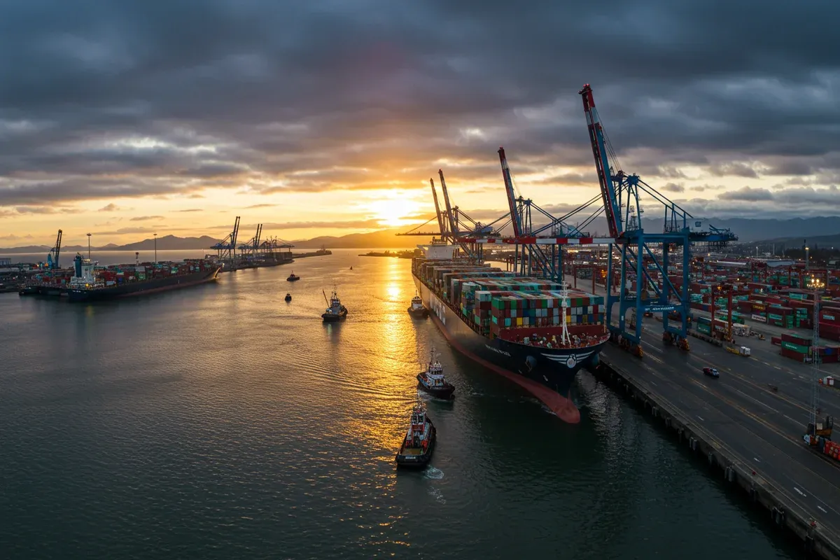 A massive container ship navigates a busy harbor channel surrounded by cranes and escorting tugboats under a vibrant sunset