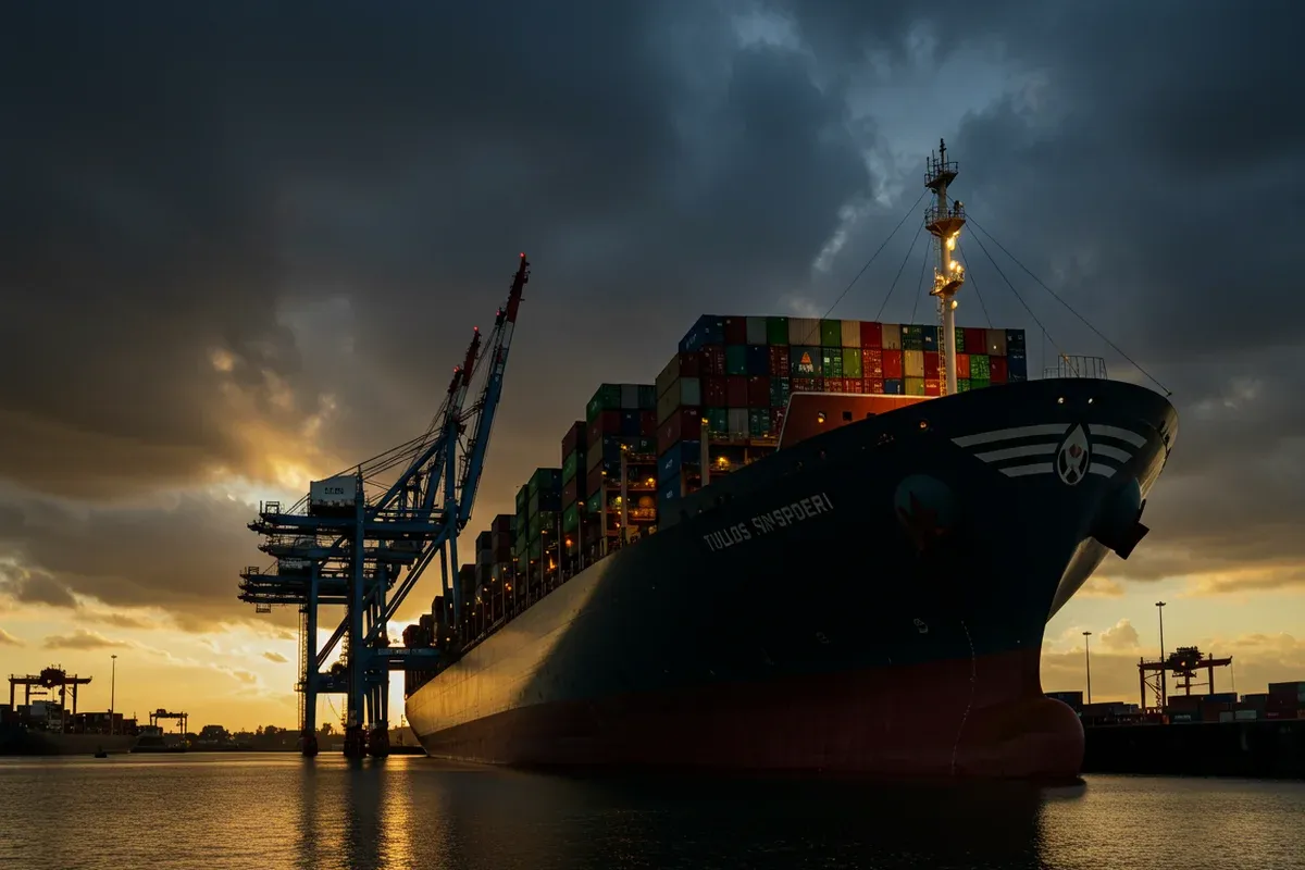 A large cargo ship sits in the Tulsa Port of Catoosa silhouetted against a vibrant sunset sky with towering cranes visible