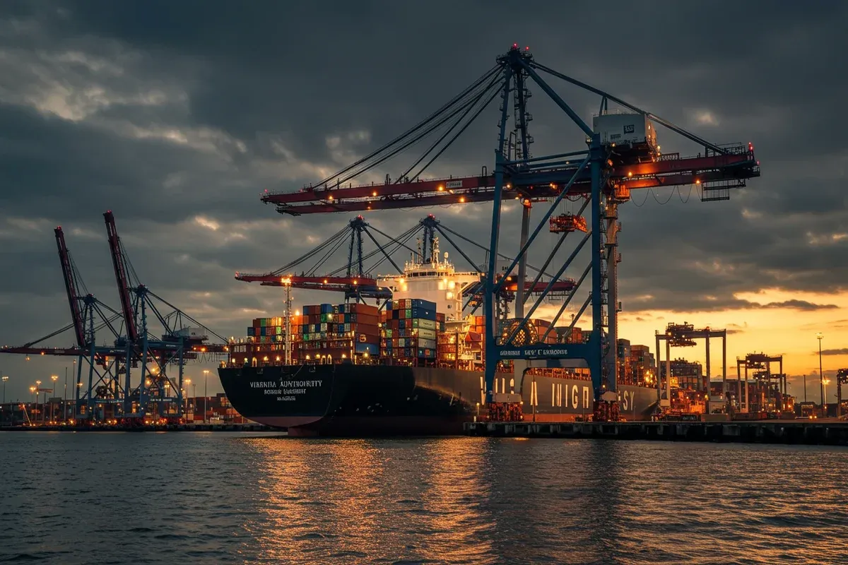 Tall container ships dock at a busy port with towering cranes unloading cargo under a hazy sky