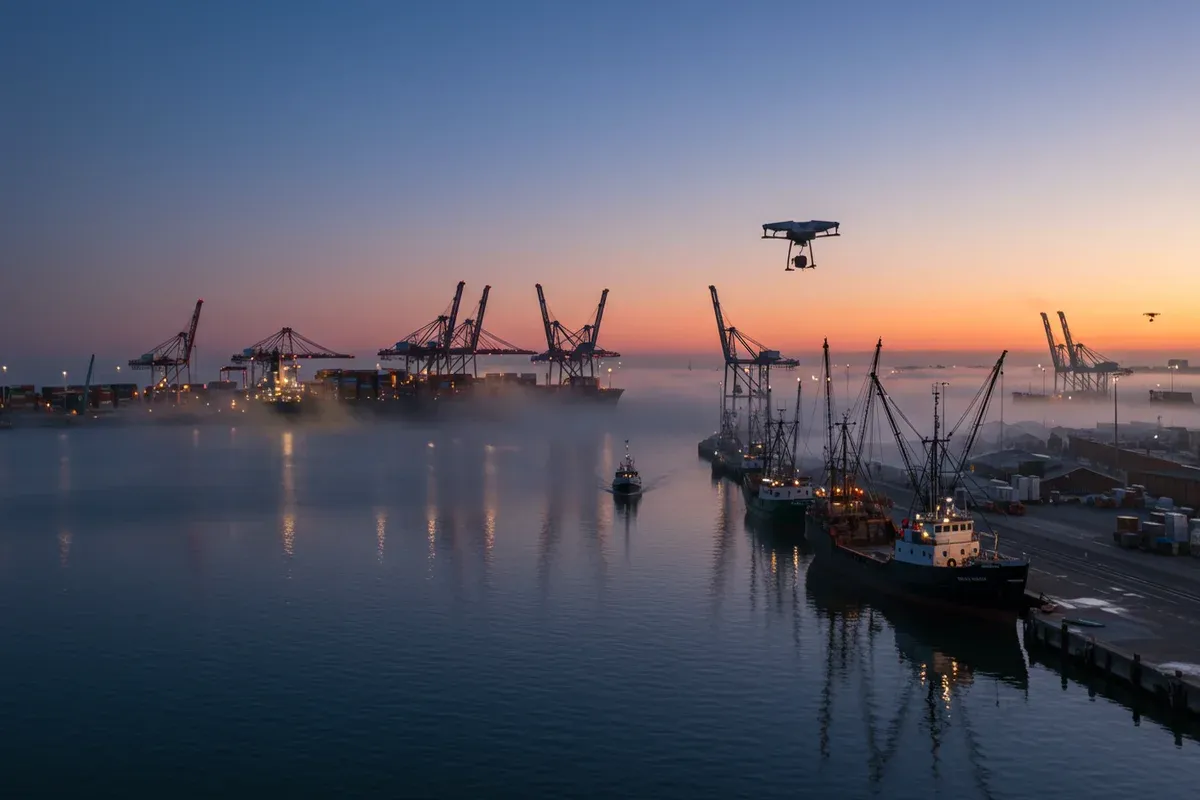 Several harbor tugboats navigate the calm waters of the Waukegan Port District reflecting the skys orange hues