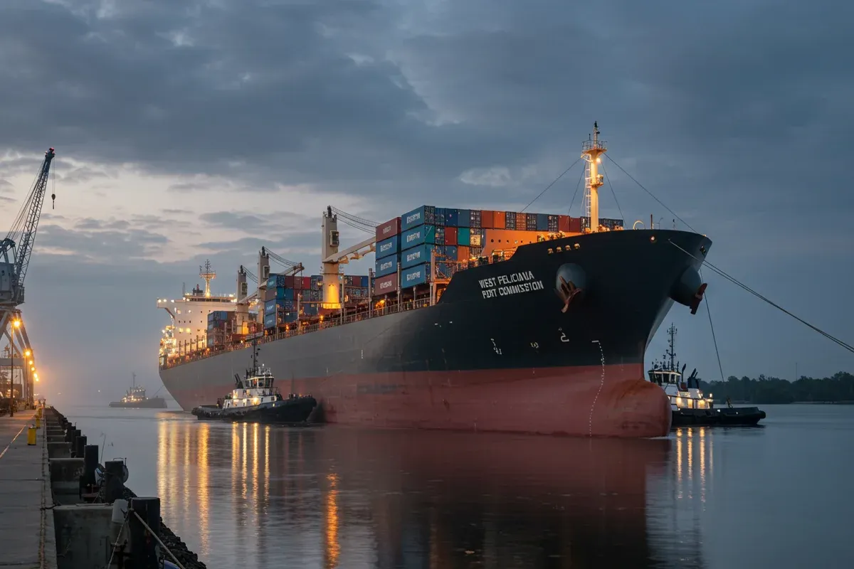 A large container ship the WestFeliciana approaches a port with several tugboats assisting its movement under a dusky sky