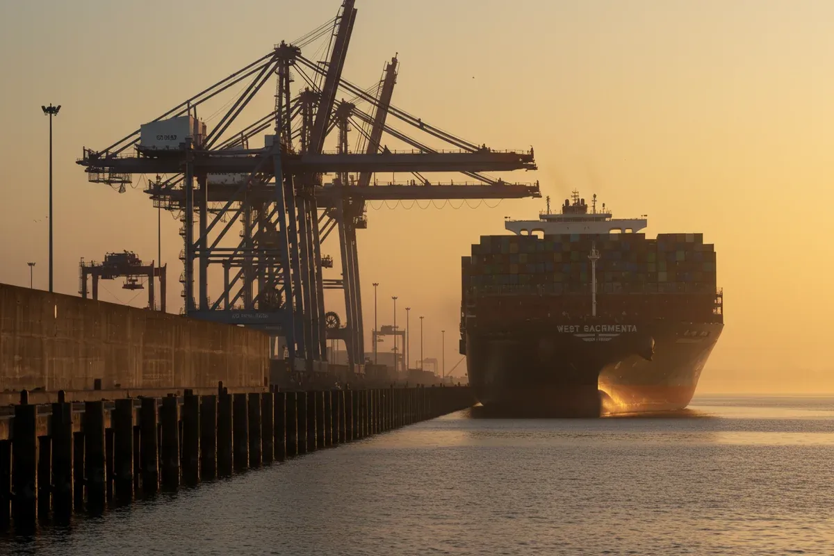 A large cargo ship approaches a pier in West Sacramentos port district shrouded in morning mist