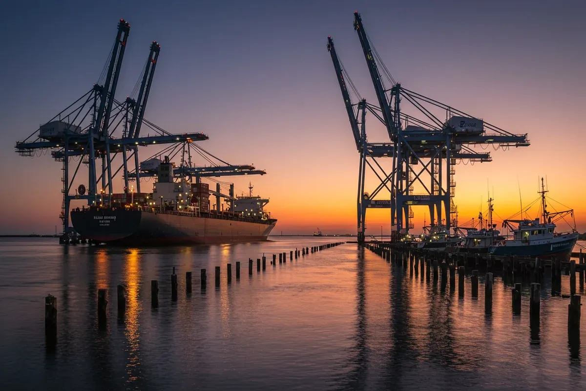 A large container ship sits in a busy port with towering cranes and numerous support pilings extending into the calm water