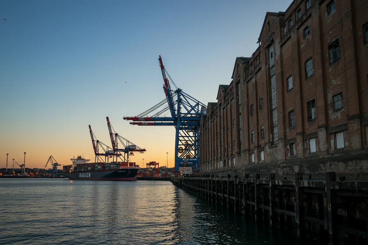 Tall cranes dominate the scene along a waterfront with container ships docked in a busy port area