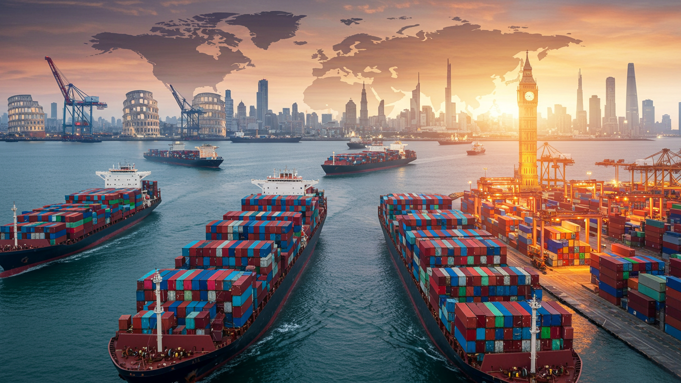 Large container ships navigate a harbor with a prominent skyline and a towering crane in the background