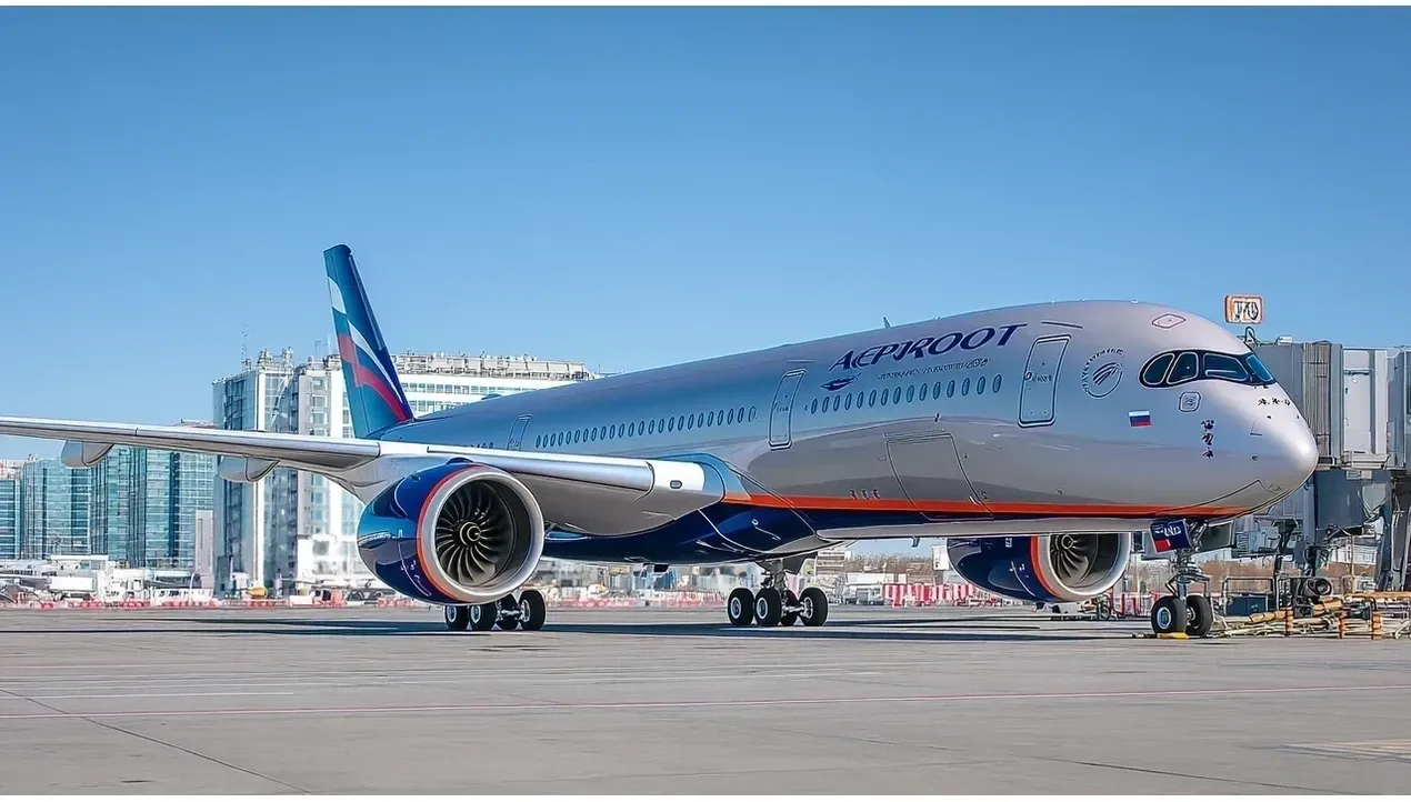 An Aeroflot aircraft sits on a runway with city buildings in the background a typical airport scene