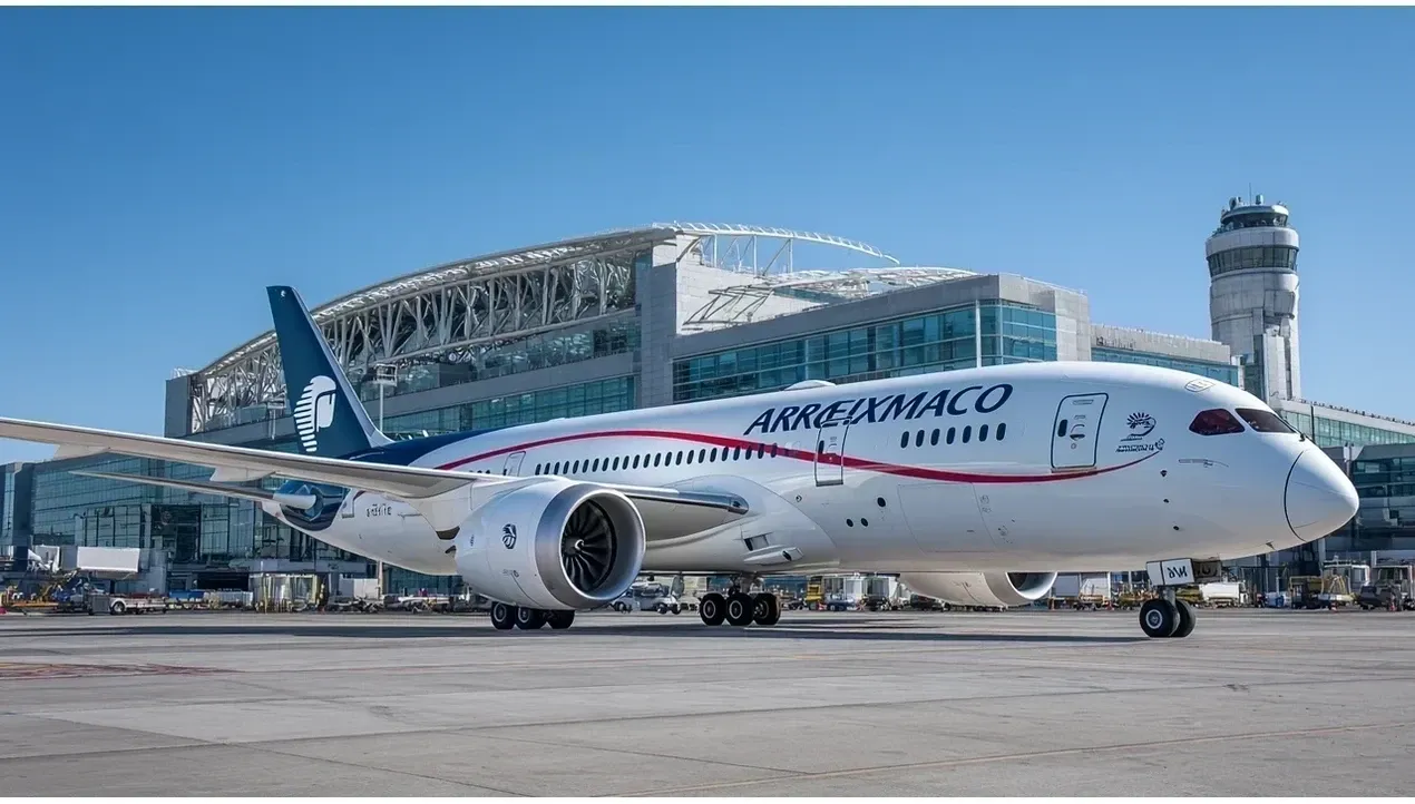 Aeromexico Boeing 787 Dreamliner aircraft in flight with distinctive livery soaring through the sky a prominent symbol of
