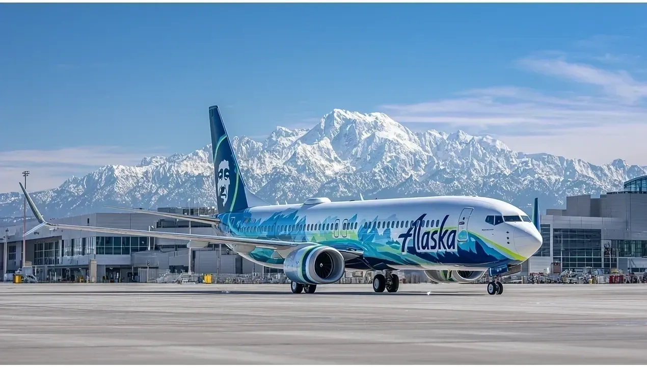 Alaska Airlines Boeing 737 aircraft at the gate with mountains in the background displaying a special livery honoring the