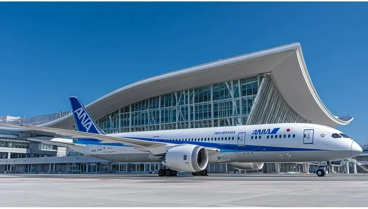 A bright blue ANA aircraft sits at an airport terminal with a modern architectural design